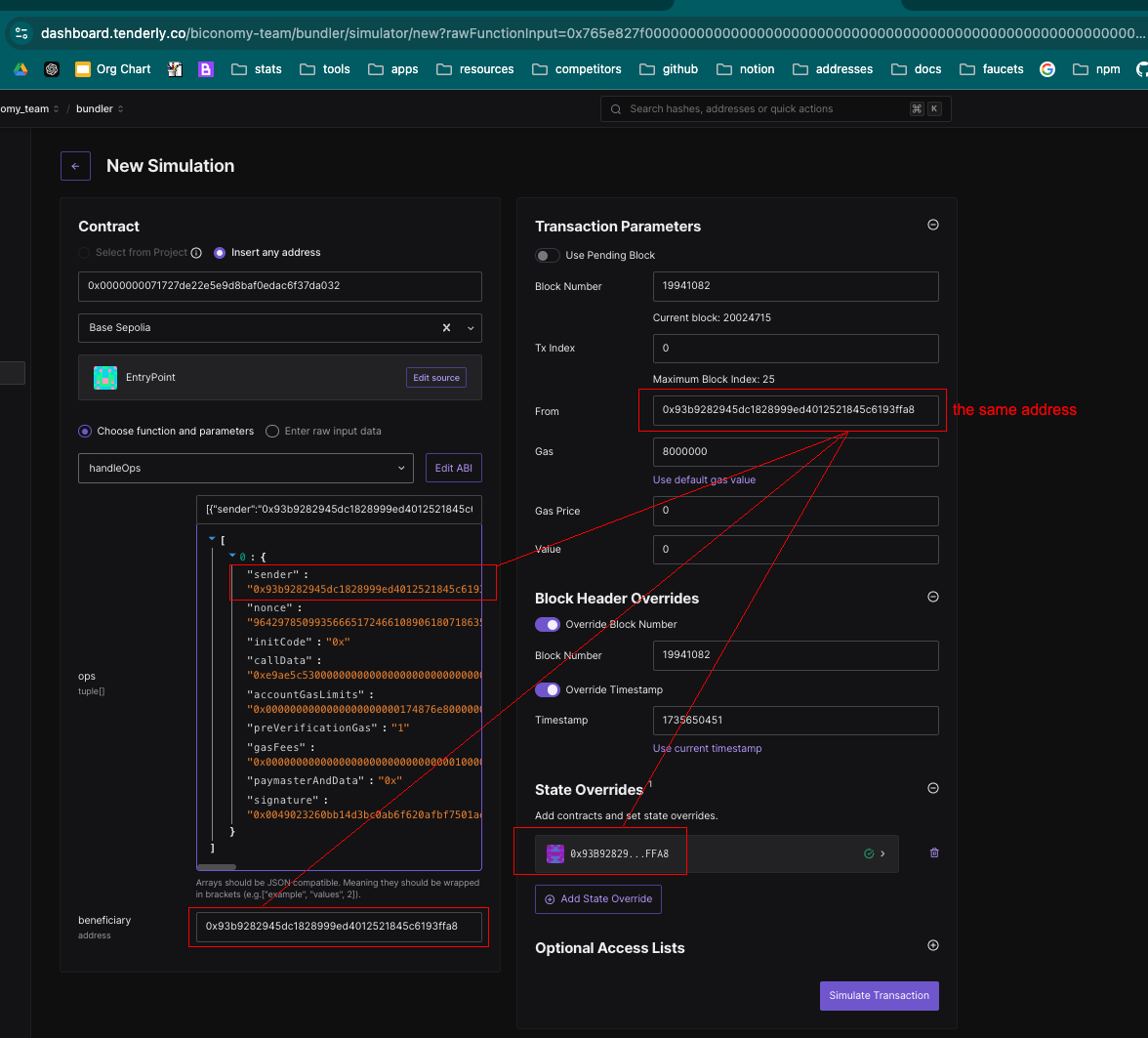 Tenderly simulation interface showing transaction parameters and state overrides
